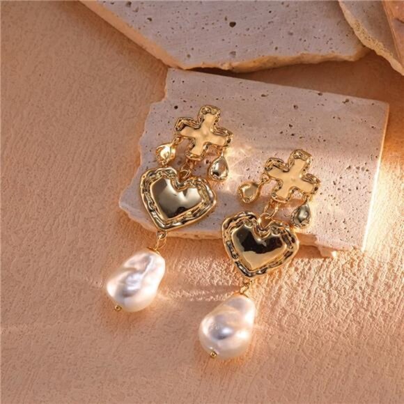 Pearl Chandelier Tassel Earrings | Gold Cross Heart Baroque Statement Drops - Picture 3 of 6